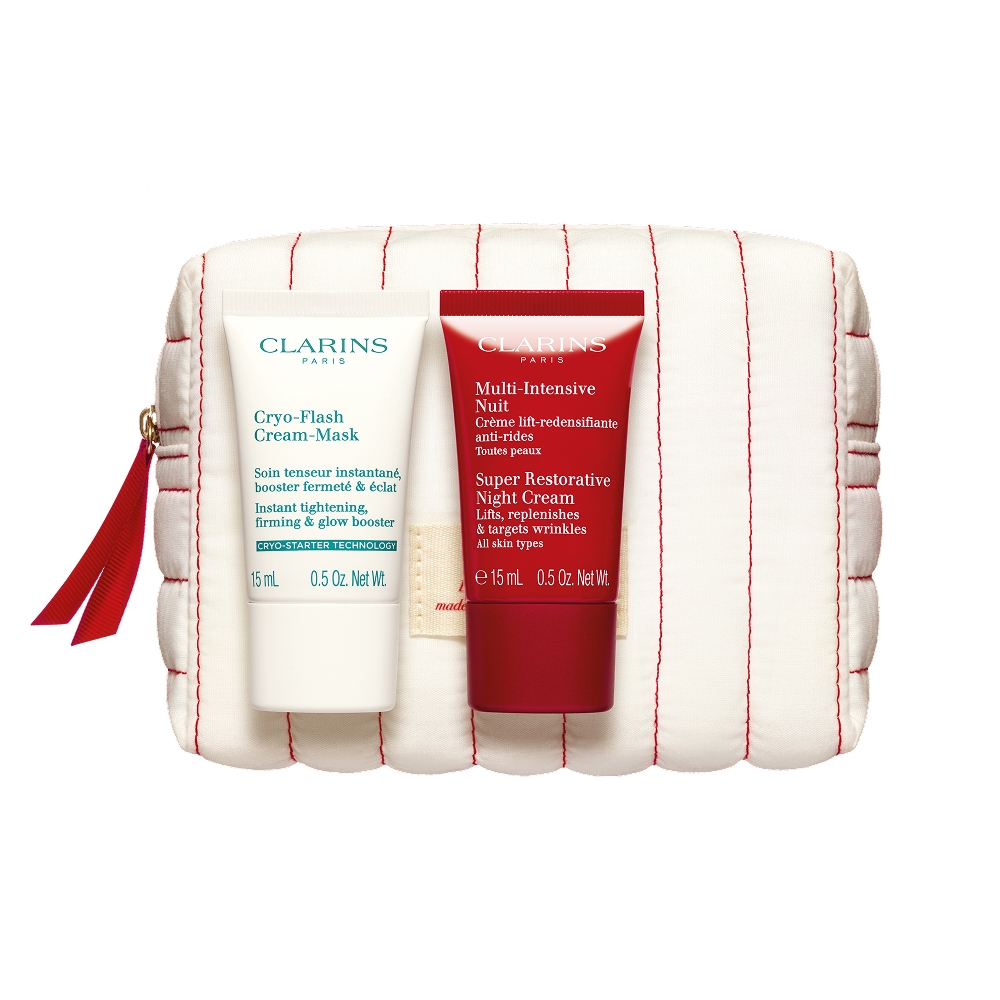 CLARINS Набор миниатюр в косметичке: Криомаска для лица Cryo-Flash Cream Mask, 15мл; Восстанавливающий ночной крем, 15мл.