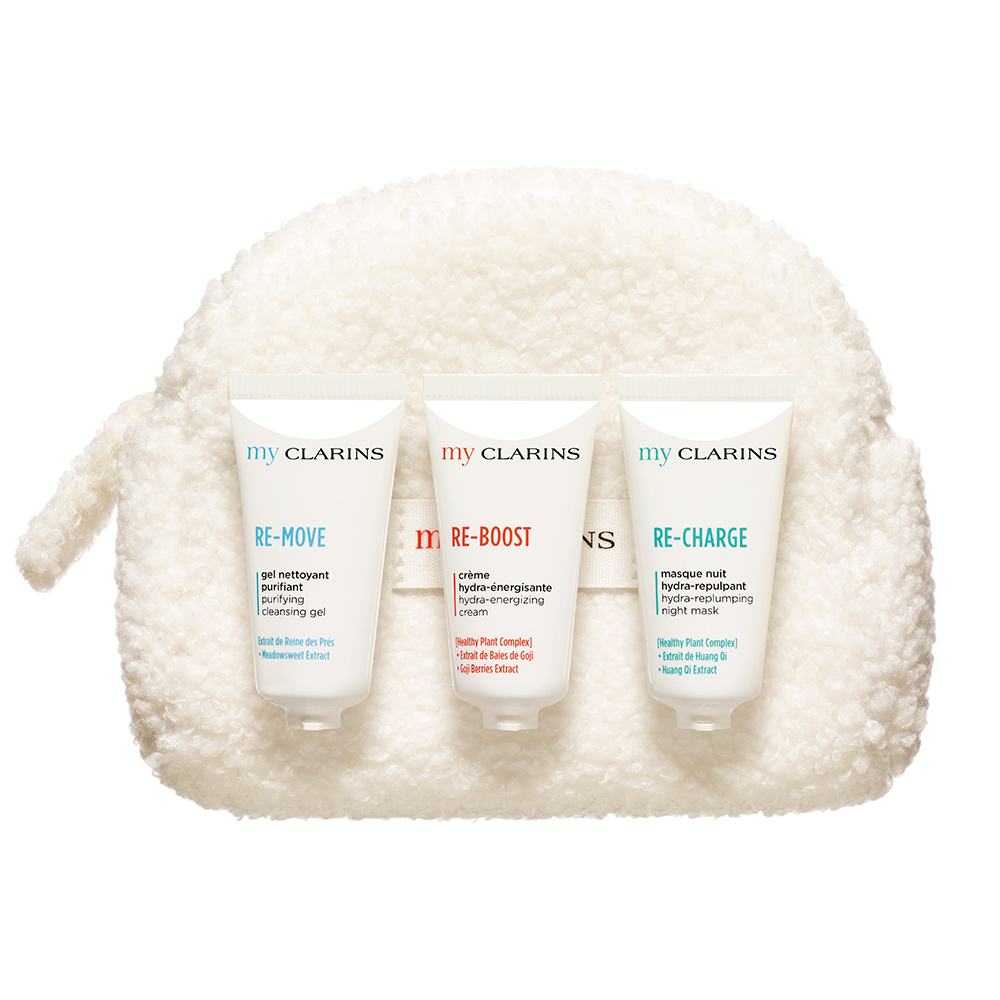 Набор в косметичке: Очищающий гель для лица My Clarins 5мл; Тонизирующий крем для лица My Clarins 5мл; Ночная маска для лица My Clarins 5мл.