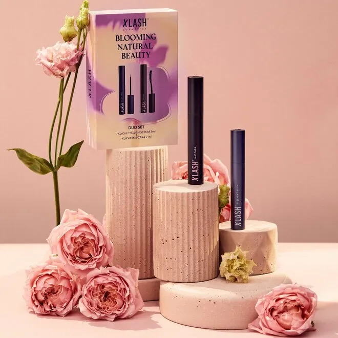 BLOOMING Набор-дуэт: сыворотка для роста ресниц и удлиняющая термотушь