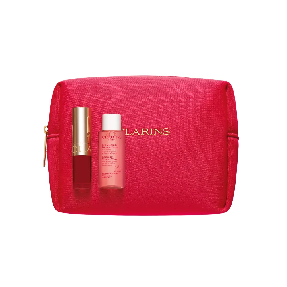 Набор CLARINS в косметичке: Масло-блеск для губ 1,4 мл + Мицеллярная вода 10 мл.